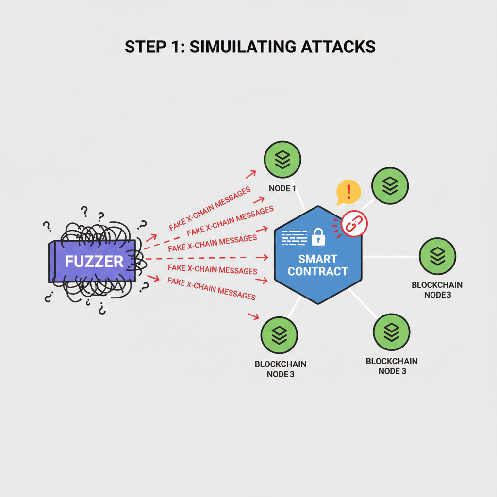 Fuzzer simulating fake cross-chain messages on smart contract, blockchain nodes connected