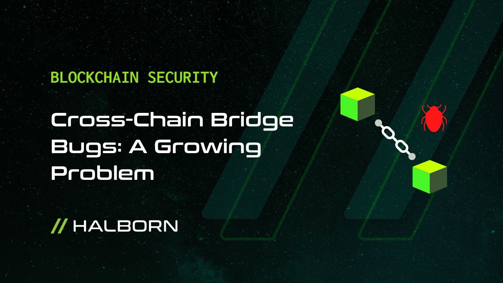 Illustration of a hacker attacking a cross-chain bridge connecting two blockchains, highlighting risks of centralization, smart contract complexity, and lack of transparency in DeFi security.