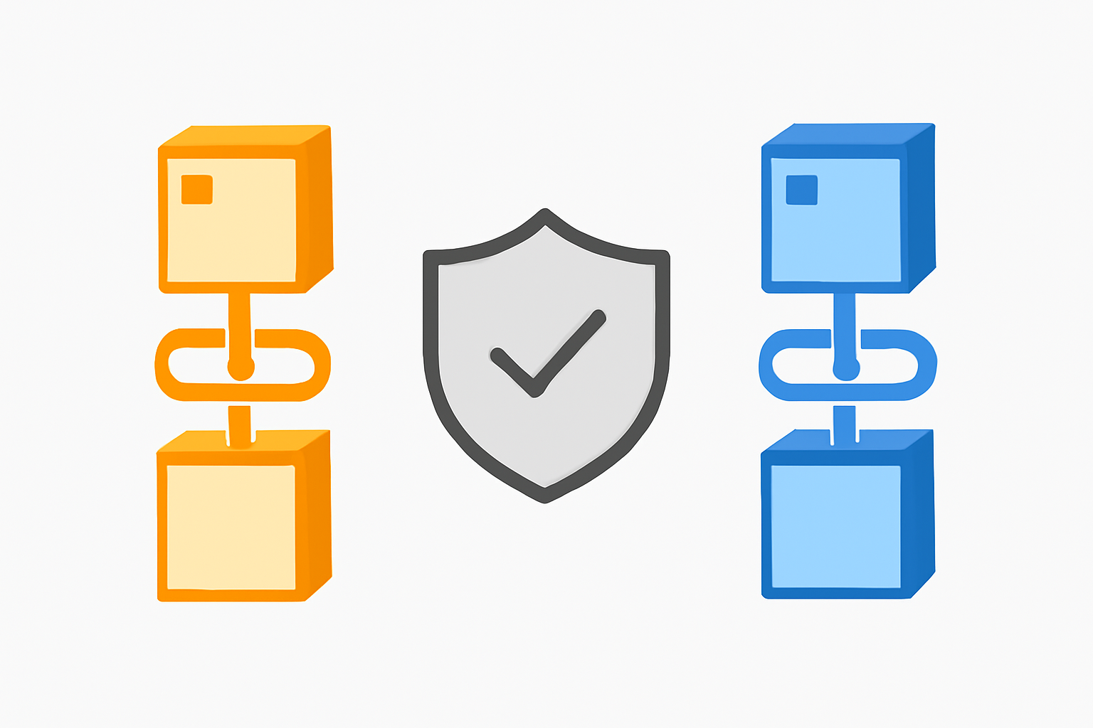 Two separate blockchain chains with distinct colored domains and shield icons between them.