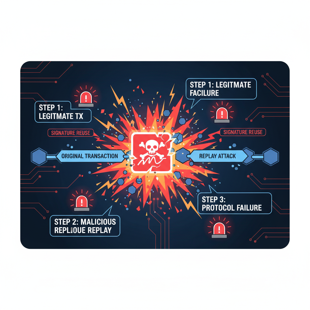 exploding signature replay attack diagram, blockchain chains colliding, red alert lights, dynamic action scene