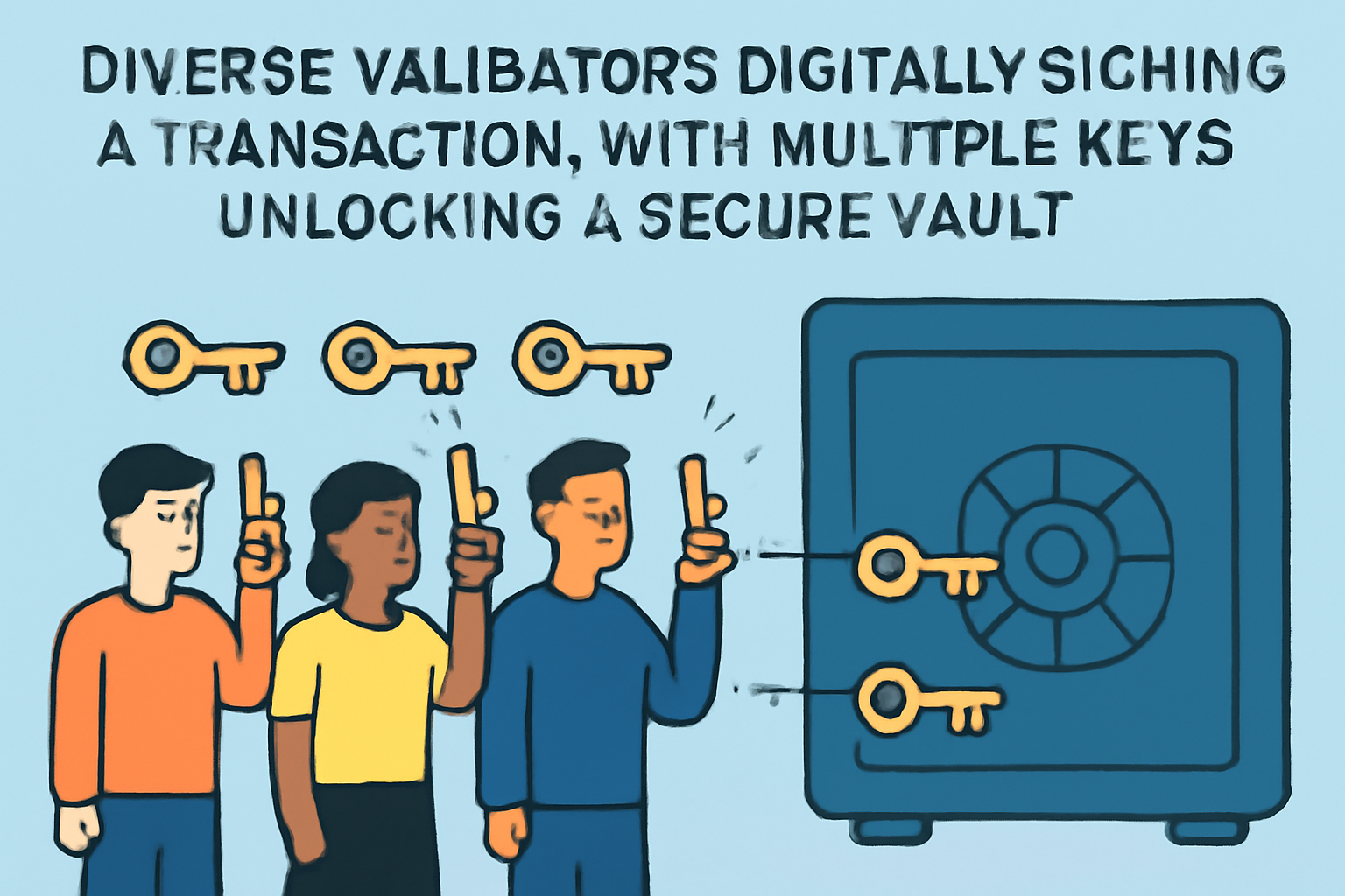 A group of diverse validators digitally signing a transaction, with multiple keys unlocking a secure vault.