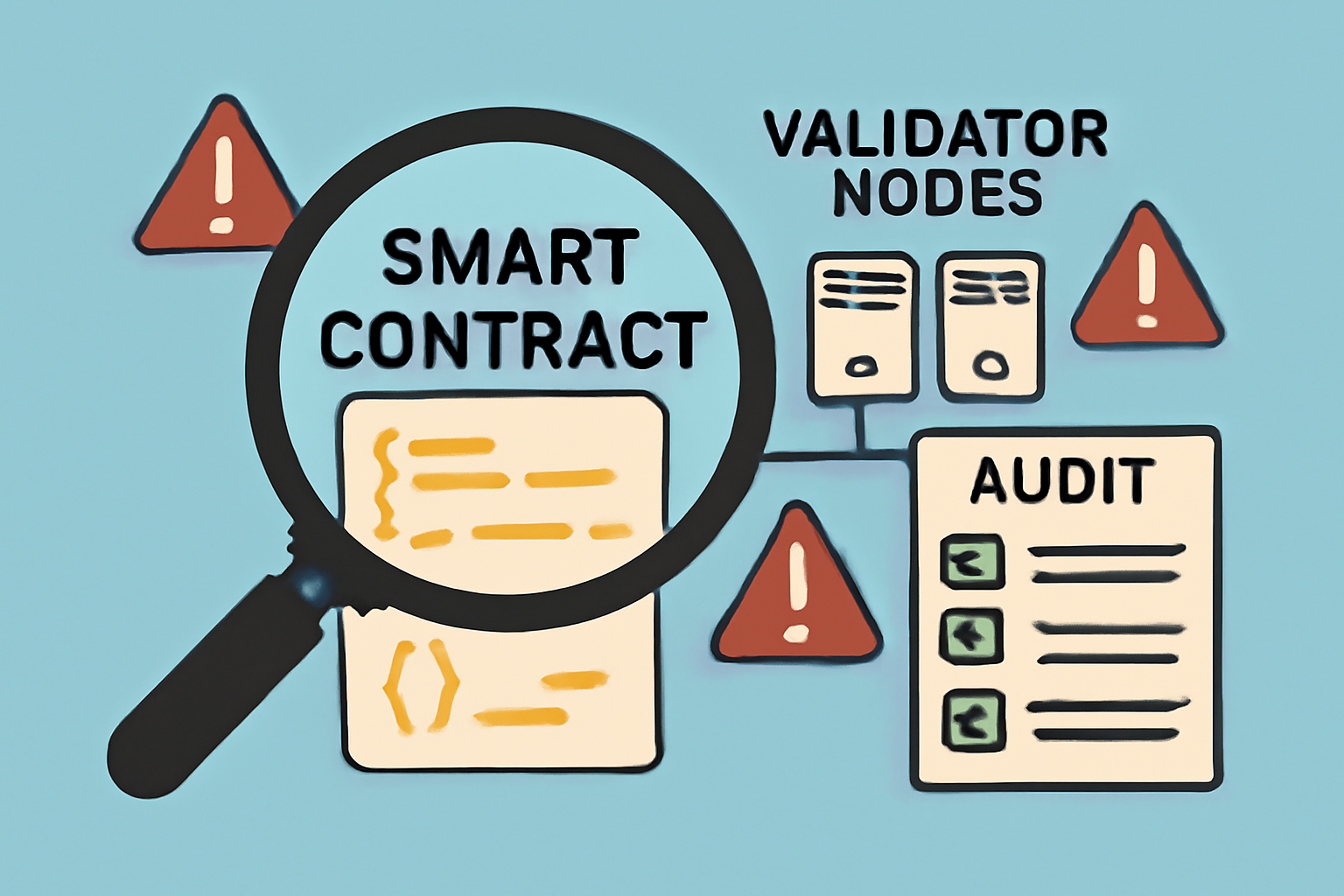 A magnifying glass inspecting smart contract code and validator nodes, with alert symbols and audit checklists.