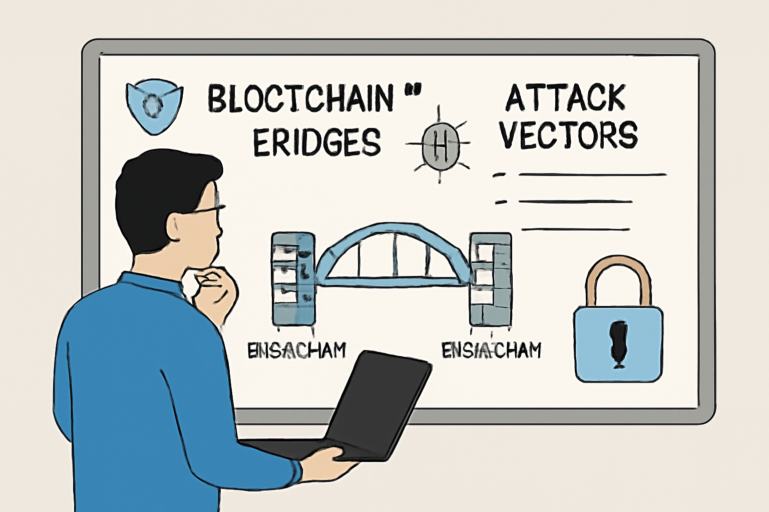 A developer studying a digital whiteboard with diagrams of blockchain bridges, attack vectors, and security icons.