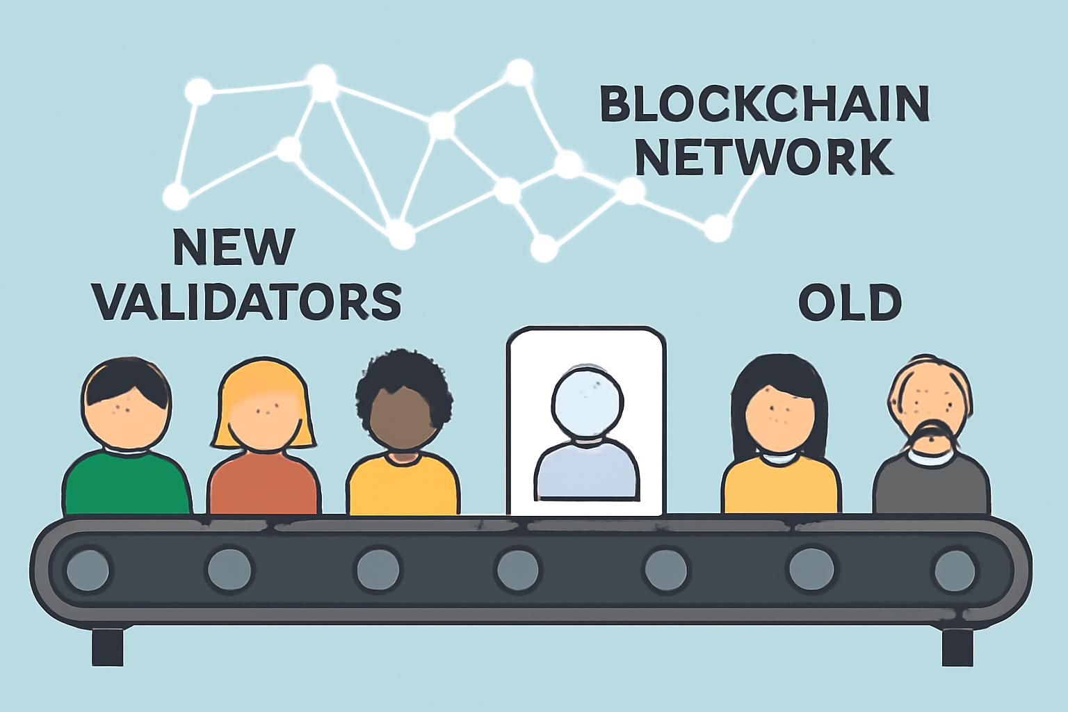 A conveyor belt bringing in new validator avatars, with old ones rotating out, all under a blockchain network.