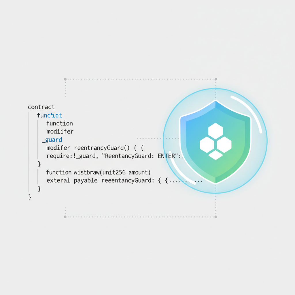 solidity code with reentrancy guard modifier, shield protecting smart contract icon