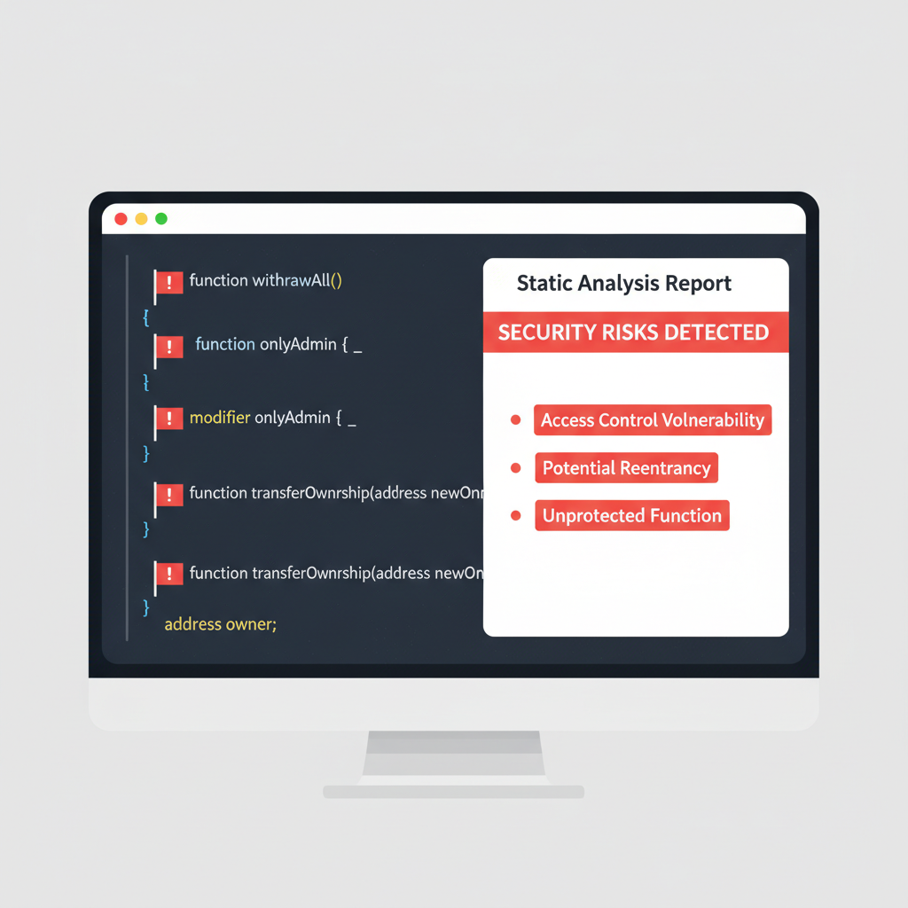 Static analysis tool scanning Solidity code for access control vulnerabilities, red flags highlighted