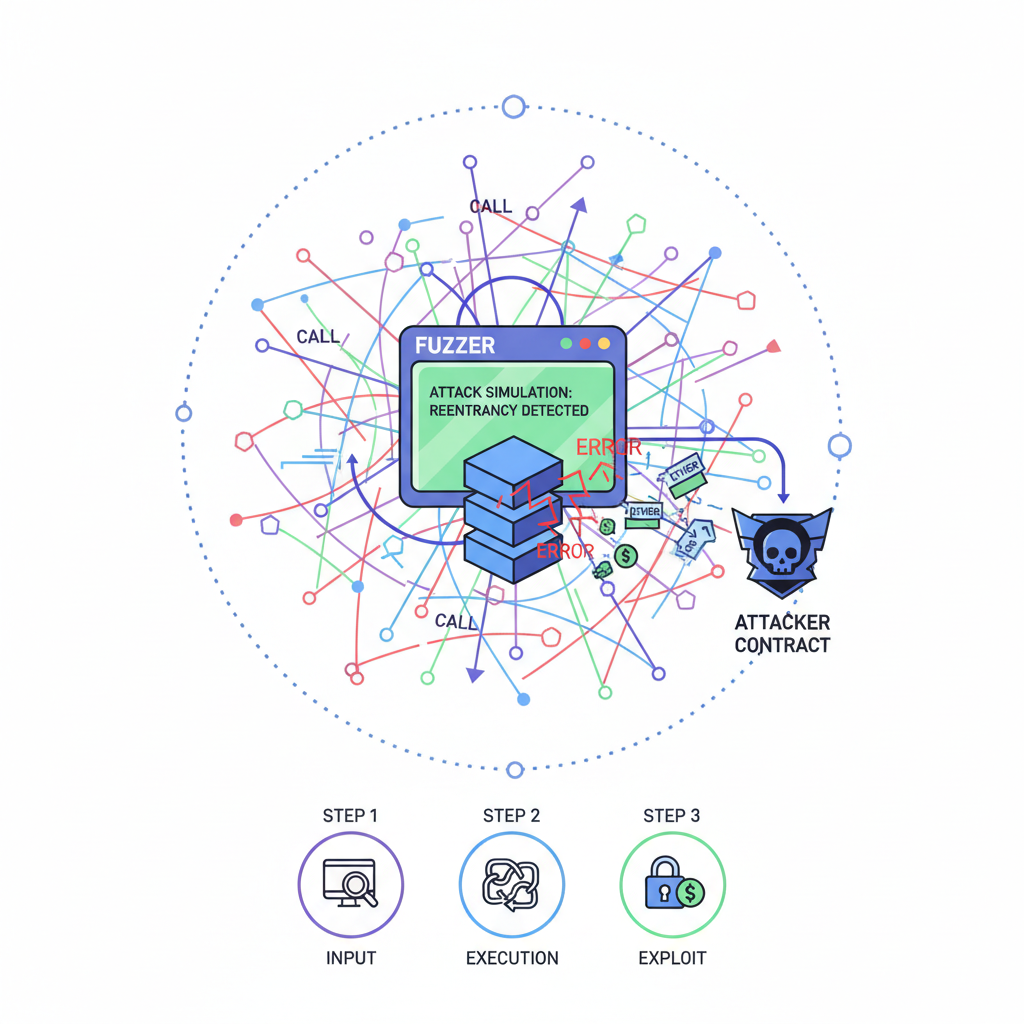 fuzzer tool simulating blockchain reentrancy attack, chaotic code explosion visualization