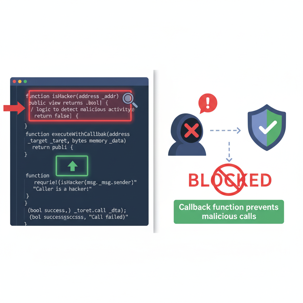 code snippet highlighting callback functions in Solidity smart contract, hacker detection theme